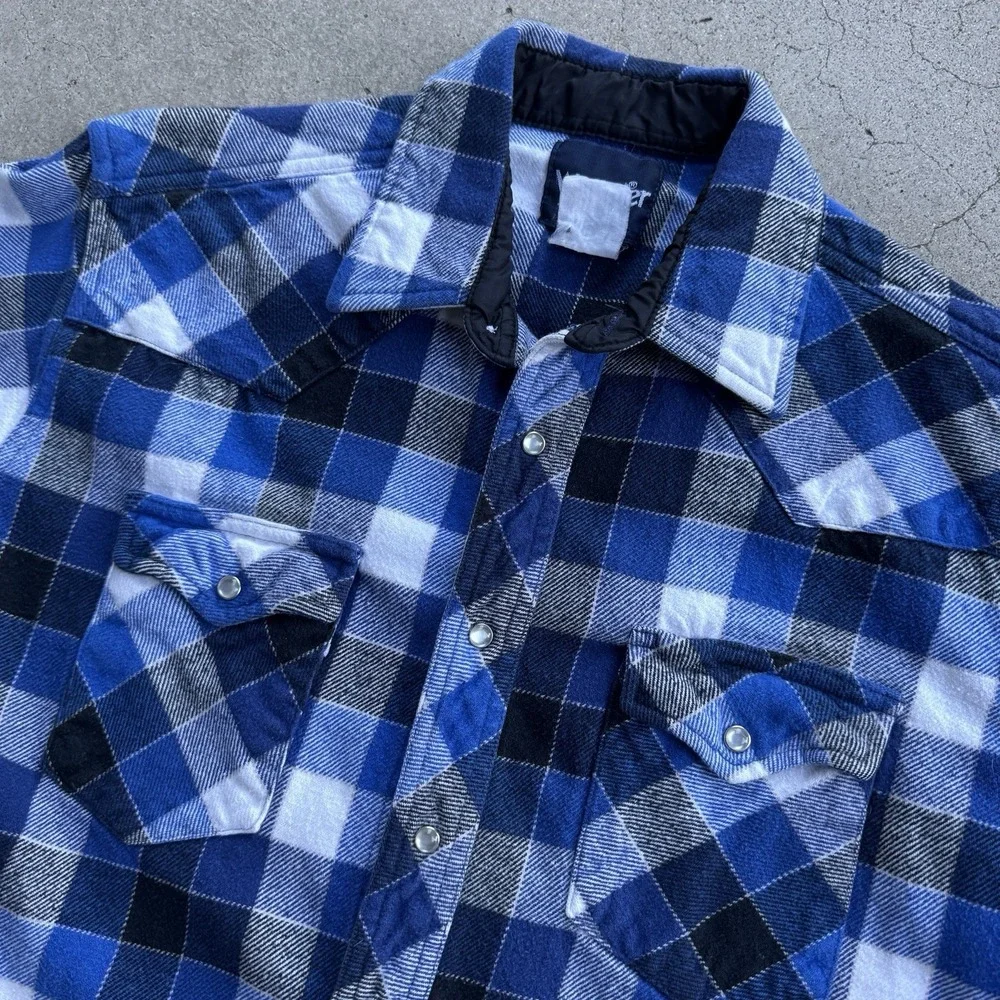 Vintage 90s Wrangler Cotton Flannel Pearl Snap Blue White Medium Plaid